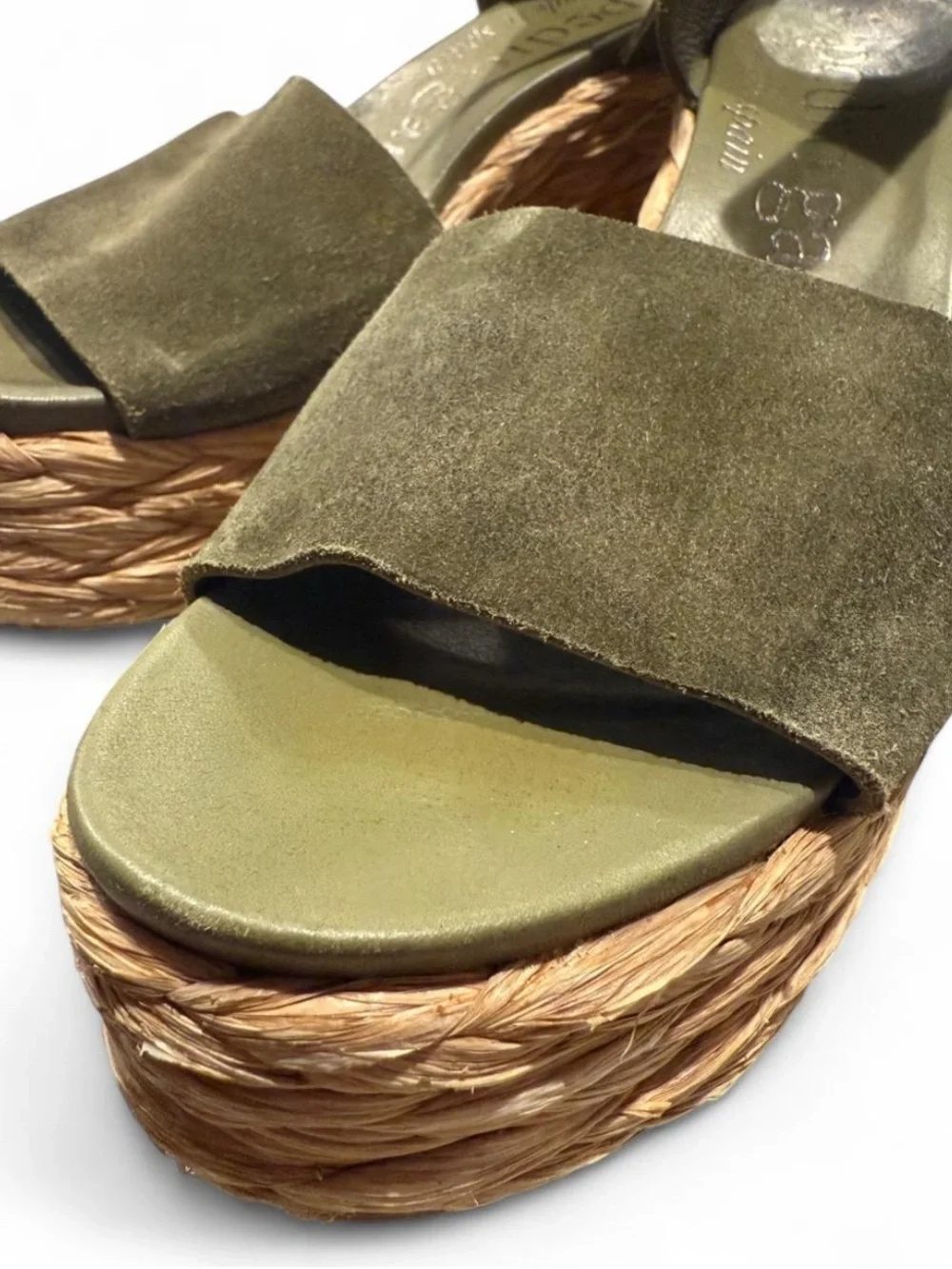 Pedro Garcia Olive Suede Wedge Sandals with Braided Espadrille Platform